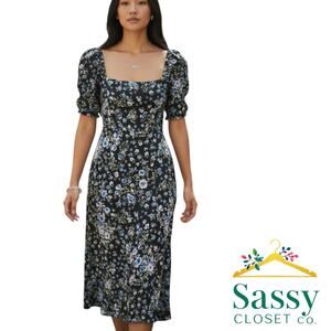 ZARA Floral Midi Dress Puff Sleeve Square Neck Black Blue Print Women’s M EUC